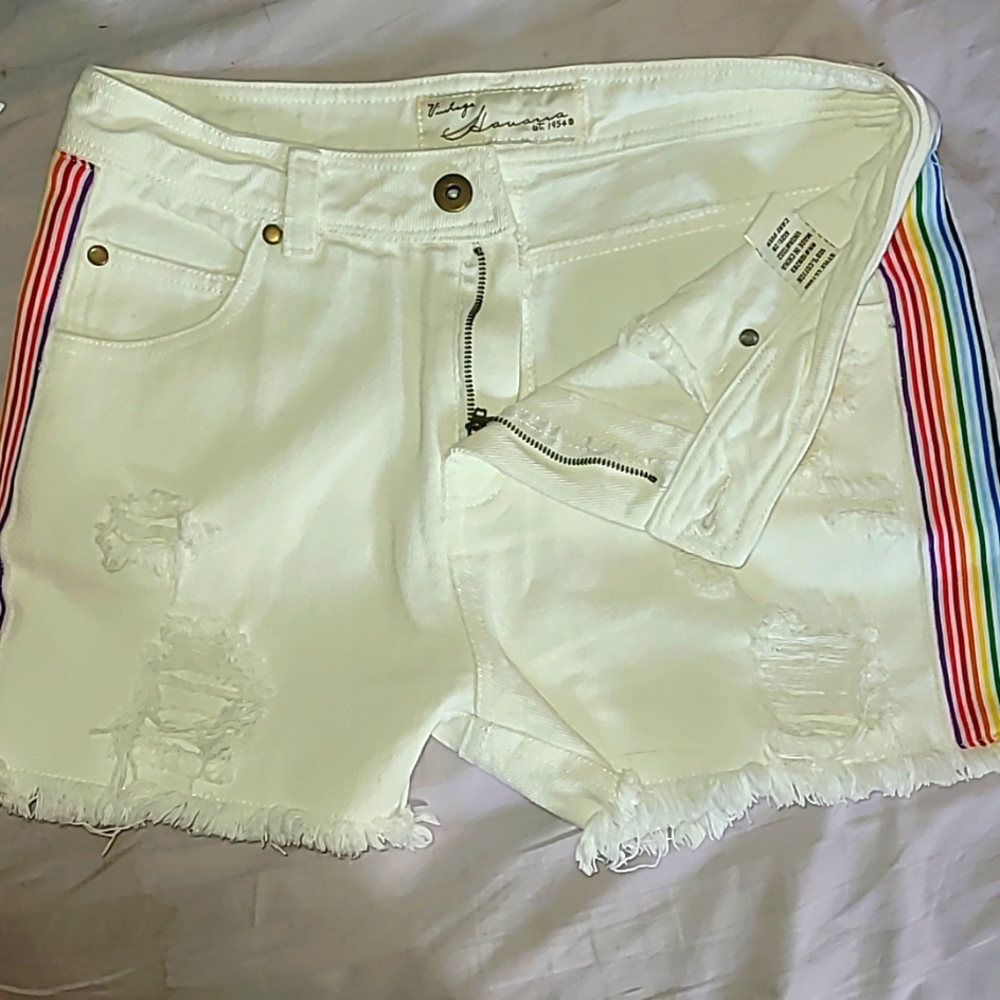 Vintage Havana (1954) White and Rainbow shorts, size 28.